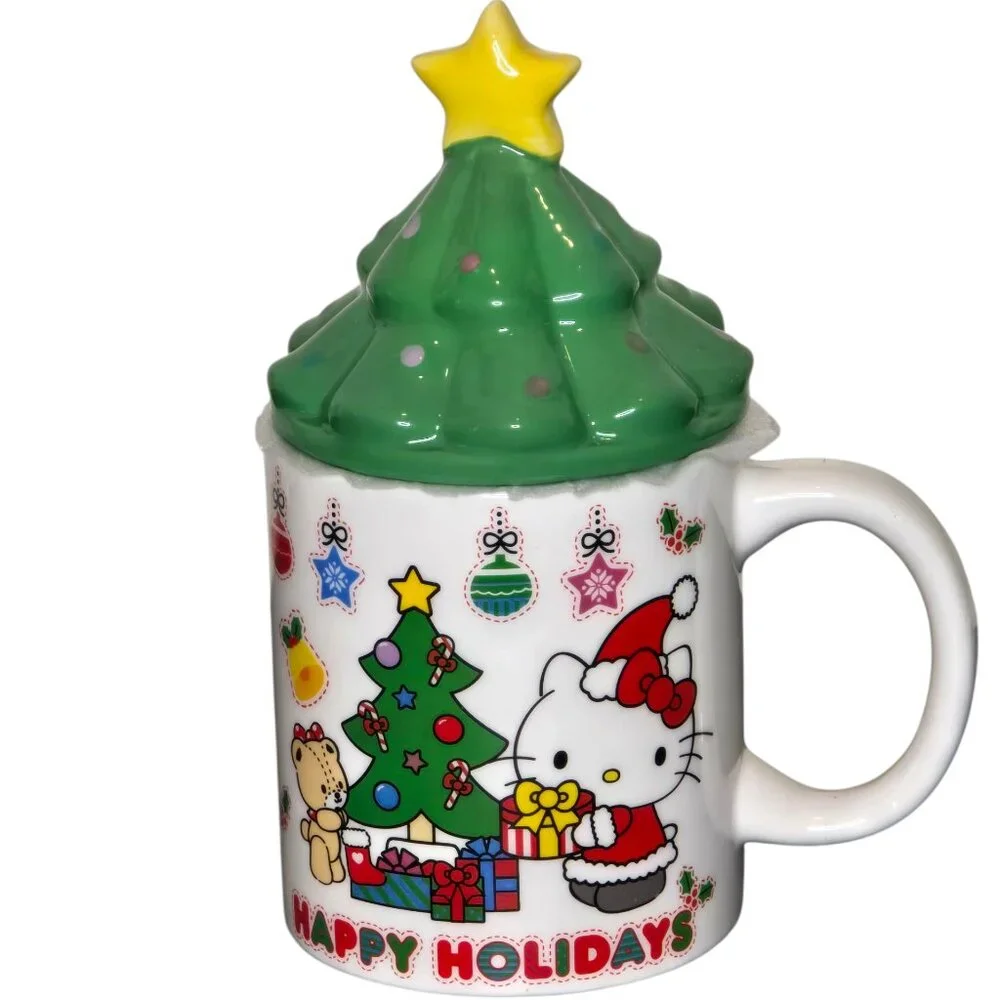 Hello Kitty Christmas Mug Tree Lid Happy Holidays Sanrio Ceramic Cup Kawaii